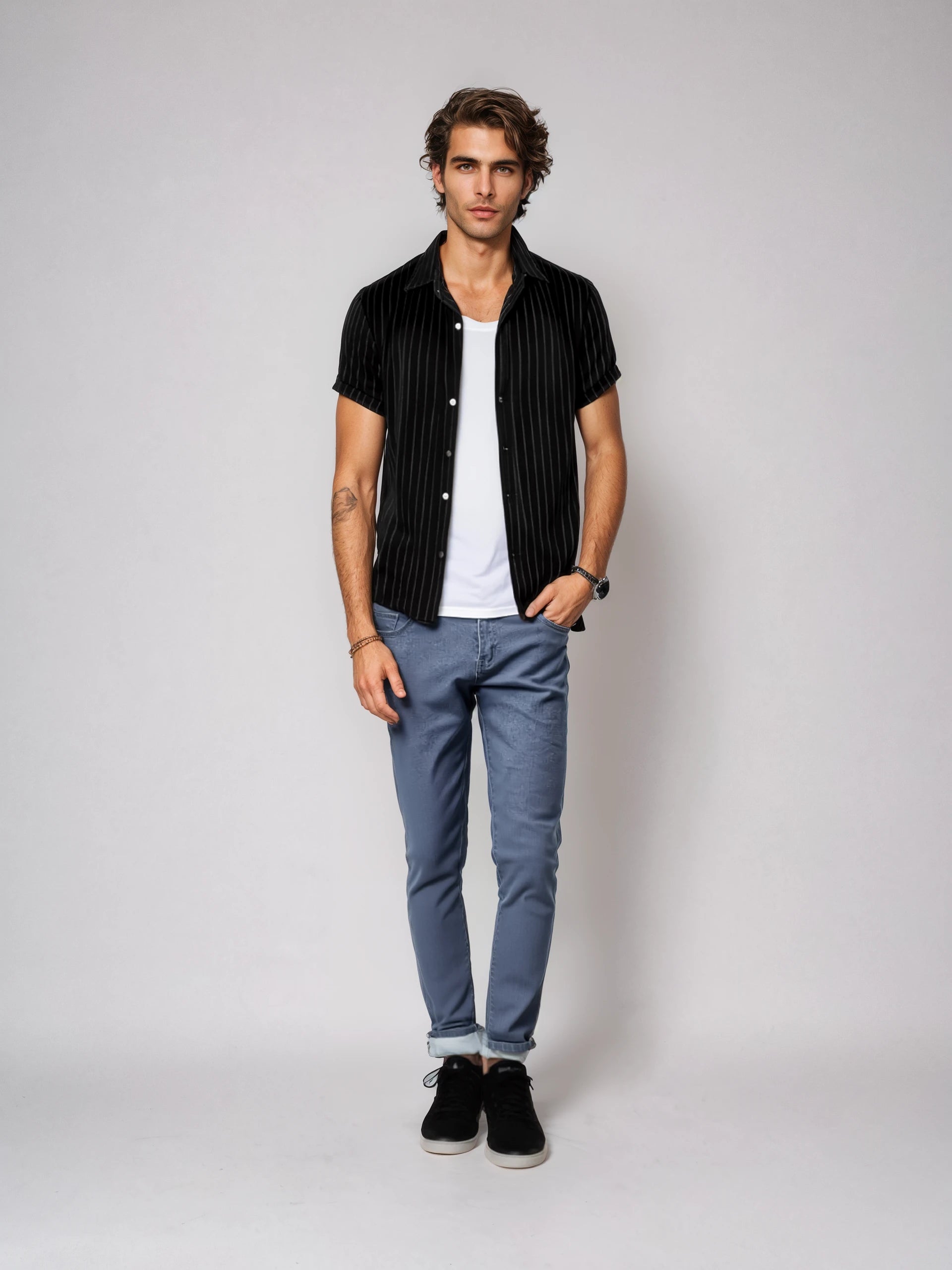 Echleo | Luxe Black Pinstripe Linen Shirt